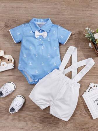 Hibobi 2 piezas Conjunto para Bebé Niño con Estampado de Animales, Body de Manga Corta y Pantalones Cortos con Tirantes, Ropa de Verano para Recién Nacidos y Niños Pequeños