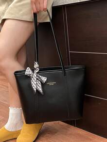 Túi tote PU thời trang màu trơn trang trí khăn quàng cổ, túi đeo vai tối giản cổ điển dung tích lớn, túi xách thường ngày nhiều ngăn phù hợp cho phụ nữ - màu đen - Xem 8