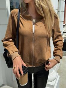 Chaqueta bomber elegante y casual para mujer, chaqueta con cierre de cremallera y botones delanteros de unicolor y manga larga
