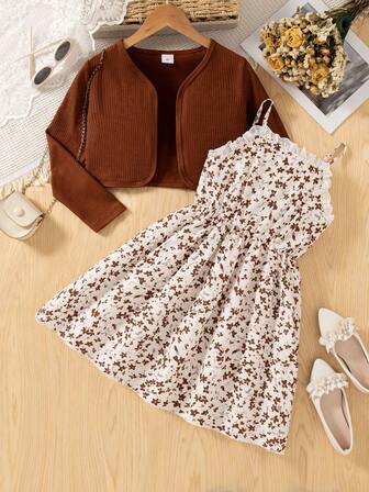 2 件女童休闲套装 - 长袖纯色开衫夹克上衣和蕾丝边吊带裙，时尚春秋