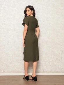 Women's Midi Dress Side Slit With Petal Sleeves Simple Daily - 軍綠色 - 查看 4