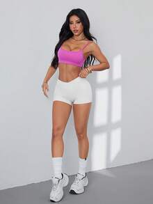 女士运动文胸，扭结后背设计，时尚纯色运动背心，带可拆卸胸垫，适合瑜伽、健身和跑步 - 玫紅色 - 查看 7