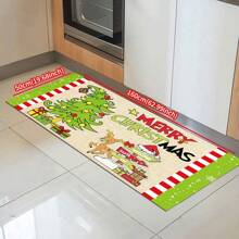 1/2pcs Winter Wonderland Christmas Doormat Set, Lightweight, Non-Slip, Washable, Made Of Synthetic Fiber With Rubber Backing, Christmas Decor Floor Mat With Green Border And Snowflake Pattern, Suitable For Living Room, Kitchen, Bathroom, Dining Room, Study