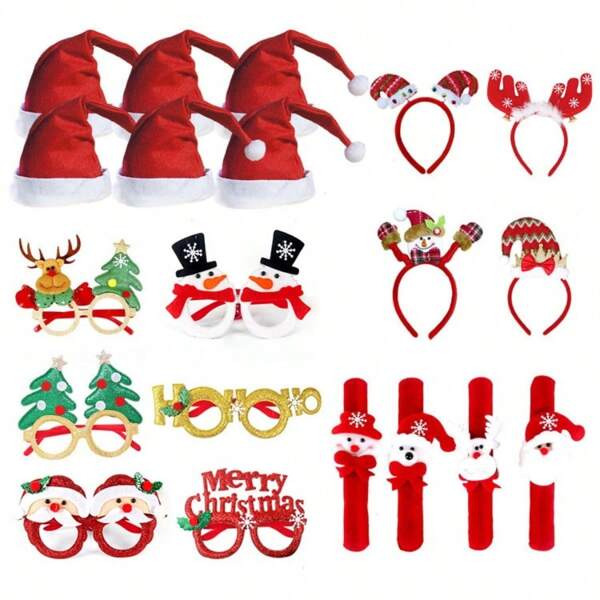 6pcs Christmas Reindeer Antler Glasses, Santa Hat Set, Adult Gift, Christmas Hat, Snowman Headband