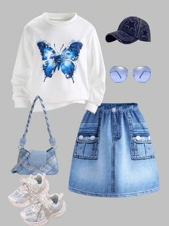 2pcs/Set Girls 8-12 Years Old European & American Style Butterfly Print Long Sleeve Crew Neck Sweatshirt And A-Line Mini Skirt, Autumn/Winter