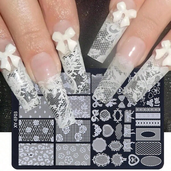 Cute 3D Lace Nail Stamp Plate With Floral,Bow,Animal Heart Patterns Rabbit Bear Rose Design For Quick Nail Art Transfer Template
