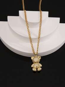 1PC 小熊男士简约钛钢长链+铜锆石吊坠材质项链简约可爱适合生日礼物，男女情侣日常搭配佩戴 - 小熊吊墜項鍊 - 查看 3