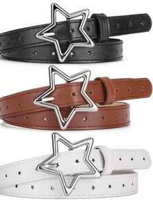 1 pieza Cinturón con hebilla de aleación con diseño de pentágono, cinturón de vestir y vaqueros de piel con agujeros múltiples y diseño versátil y minimalista de estrella - Unitalla - Ver 11