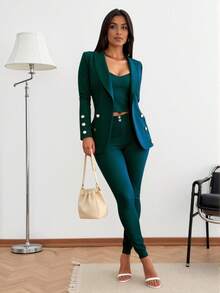 Conjunto Elegante de Tres Piezas para Mujer – Blazer, Top y Pantalón a Juego – Estilo Formal y Casual con Detalles de Perlas - Verde botella - Ver 2