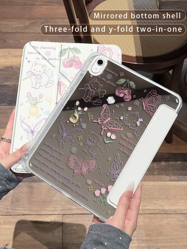 1 pièce, étui de protection pour iPad avec miroir pliant double face peint avec papillon et chat, coque rigide en acrylique multifonctionnelle 2025, protection des bords en silicone transparent anti-chute, compatible avec iPad 11 2025, iPad 10/9