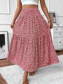 Women's Smocked High Waist Maxi Skirt Casual Boho Long Skirts With Pockets