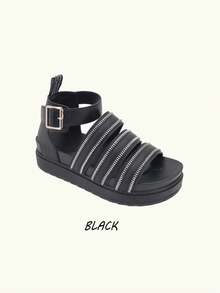 Women's Platform Sandals, New Summer Fashion Leather Buckle Zipper Decor Roman Sandals - Black - View 2
