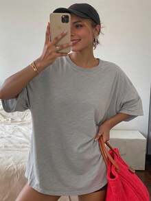 大码女式圆领短袖纯色简约休闲T恤，浅灰色T恤，日常百搭，春夏 - 淺灰色 - 查看 3