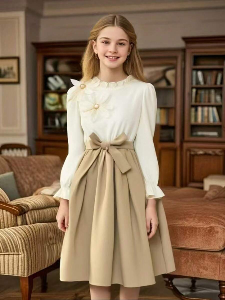 女童优雅 3D 花卉蕾丝设计荷叶边领长袖溜冰裙，适合春秋季节