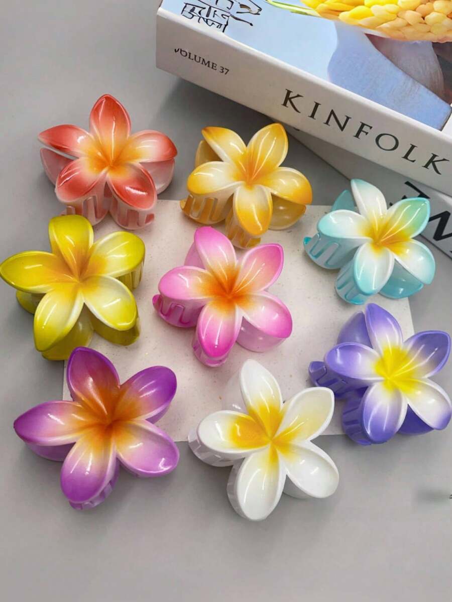 3个装芙蓉花/夏威夷花休闲ABS塑料（ABS树脂）发夹，2025新款夏威夷鸡蛋花百合花发夹，时尚简约发爪发饰，适合度假、旅行、派对、生日、办公室、海滩、丸子头等各种场合，时尚发饰 - 彩色 - 查看 1