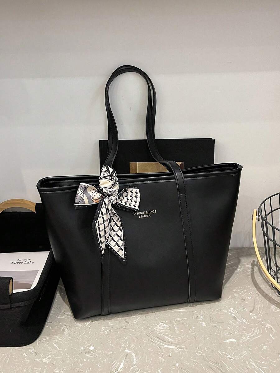 Túi tote PU thời trang màu trơn trang trí khăn quàng cổ, túi đeo vai tối giản cổ điển dung tích lớn, túi xách thường ngày nhiều ngăn phù hợp cho phụ nữ - màu đen - Xem 1