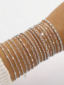 17KM 16/12 件套简约心形仿珍珠水晶串珠蛇链手链套装，适合女士，适合日常佩戴、派对、女朋友的礼物