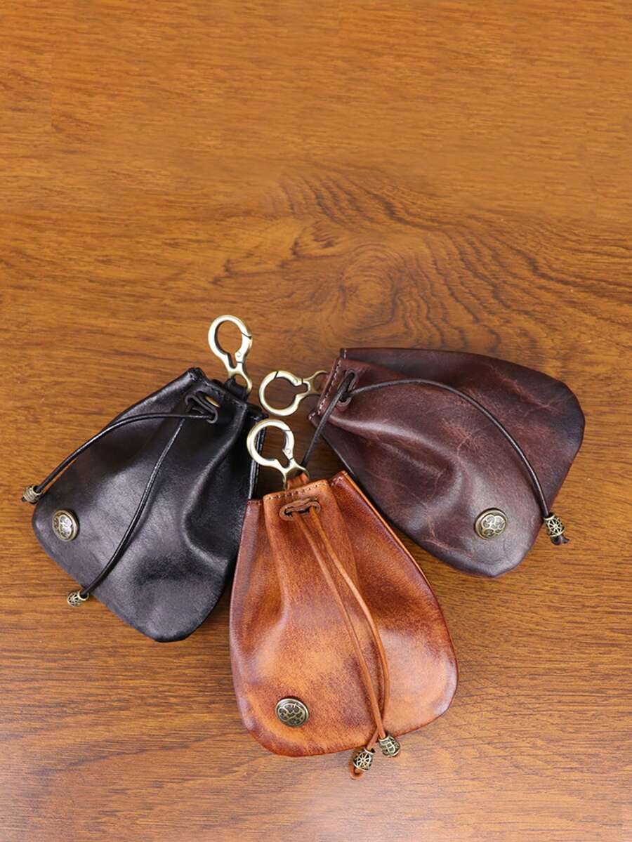 1个皮革迷你中世纪风格零钱包钥匙扣，男女通用，抽绳设计，尺寸为4.72英寸 x 4.13英寸 x 0.39英寸，户外适用，女士钱包，迷你钱包，钥匙扣 - 彩色 - 查看 1