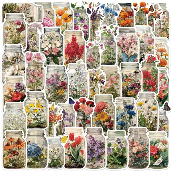50 piezas Pegatinas retro de flores y jarrones con diseños creativos y grafitis, adecuadas para personalizar estuches de teléfono móvil, diarios, portátiles, cajas de almacenamiento, regalos creativos y resistentes al agua