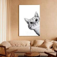 1pc Framed Canvas Poster, Sneaky Cat Wall Art Canvas Paintings, Ideal Gift For Bedroom Living Room Corridor, Wall Art, Room Decoration - 白色 - 查看 3