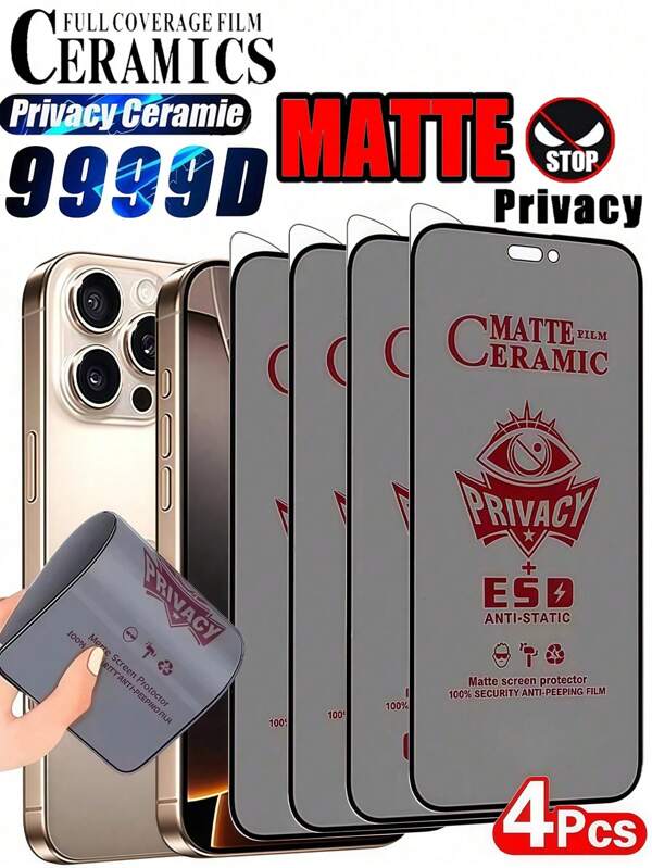 Película macia de cerâmica fosca para privacidade, 4 peças, sem bolhas, fácil de colar, sem impressões digitais, anti-impressão digital, resistente e durável, compatível com iPhone/compatível com Samsung Galaxy/compatível com Xiaomi/Redmi/compatível com Huawei/Honor/POCO. Película protetora de tela fosca anti-espionagem, não é de vidro. Proteção de tela essencial, aplicável para proteção diária, escritório, casa. Protetor de tela de privacidade. Protetor de tela de telefone. Acessórios para telefone. À prova d'água. À prova de choque. Anti-queda. Resistente a arranhões. Cobertura completa.