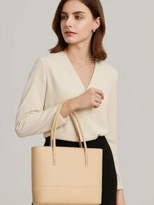 Classic Work Tote Bag Stylish Large Capacity PU Leather With Multiple Compartments - Nude - View 1