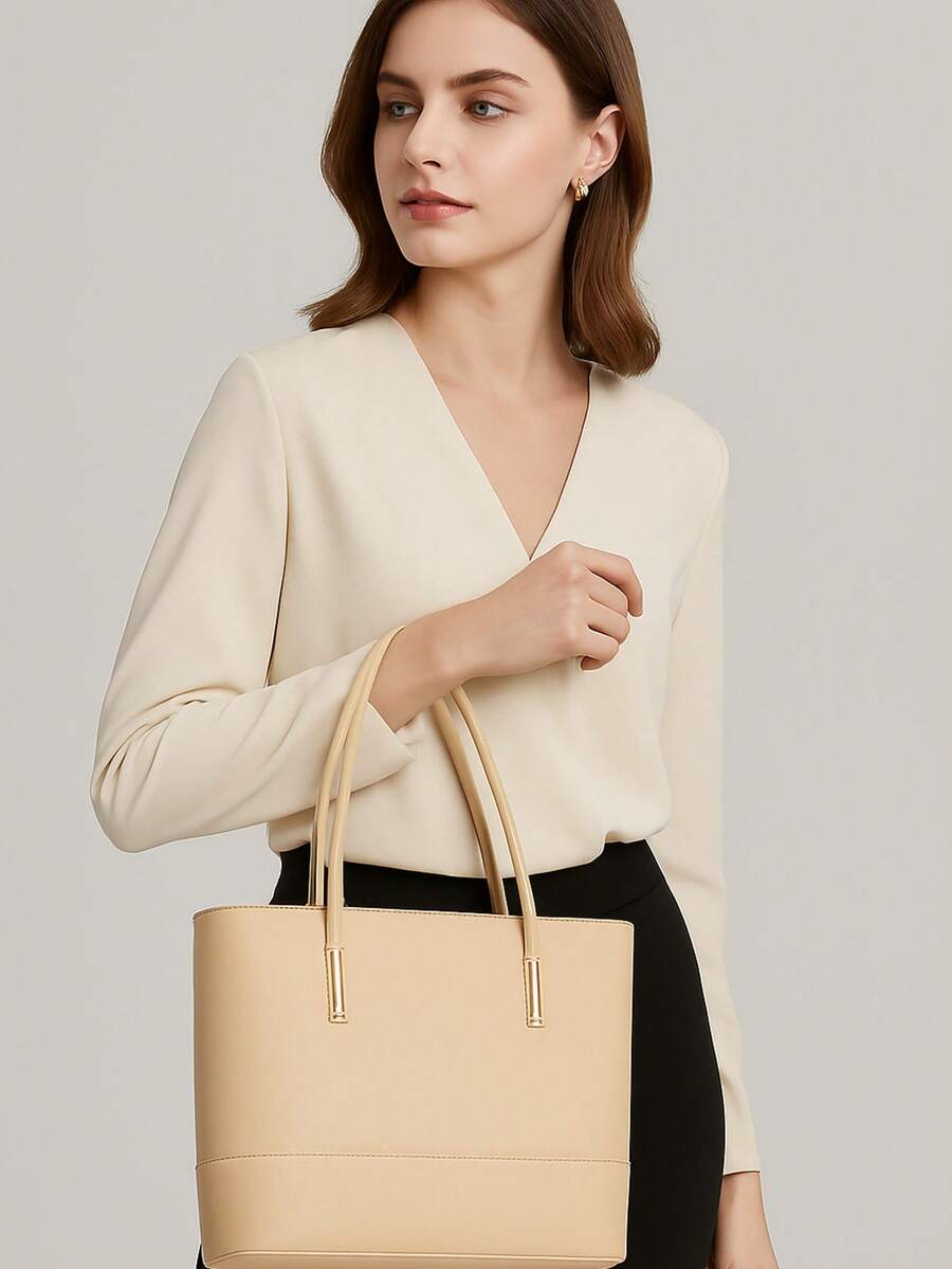 Classic Work Tote Bag Stylish Large Capacity PU Leather With Multiple Compartments - Nude - View 1