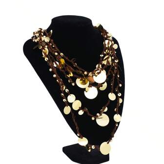 波西米亚瀑布风格手工亮片项链，多层编织颈链