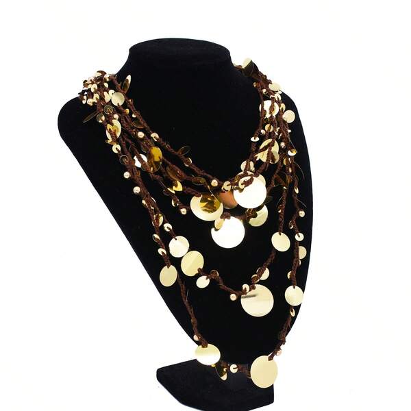 Colar de lantejoulas estilo cachoeira boêmio feito à mão, gargantilha trançada multicamadas