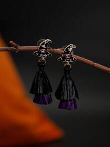 زوج من أقراط قبعة ساحرة هالوين، بتصميم تباين أسود وبنفسجي مع شرابات، إكسسوار عطلة مضحك، مناسب لحفلة هالوين، هدية