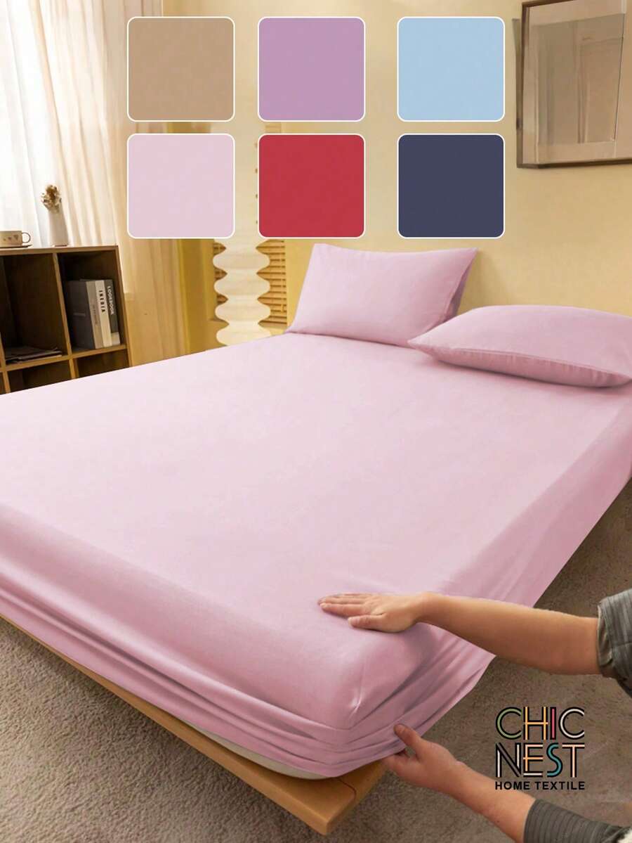 1pc Solid Color Pink Fitted Sheet, Mattress Protector, Mattress Cover For Bed, Bed Sheet, Soft And Breathable, For All Size Bed -Twin, Full, King, Queen Size Sheet Deep Pocket Up To 11.8 Inch Home Textile - Pink - View 1