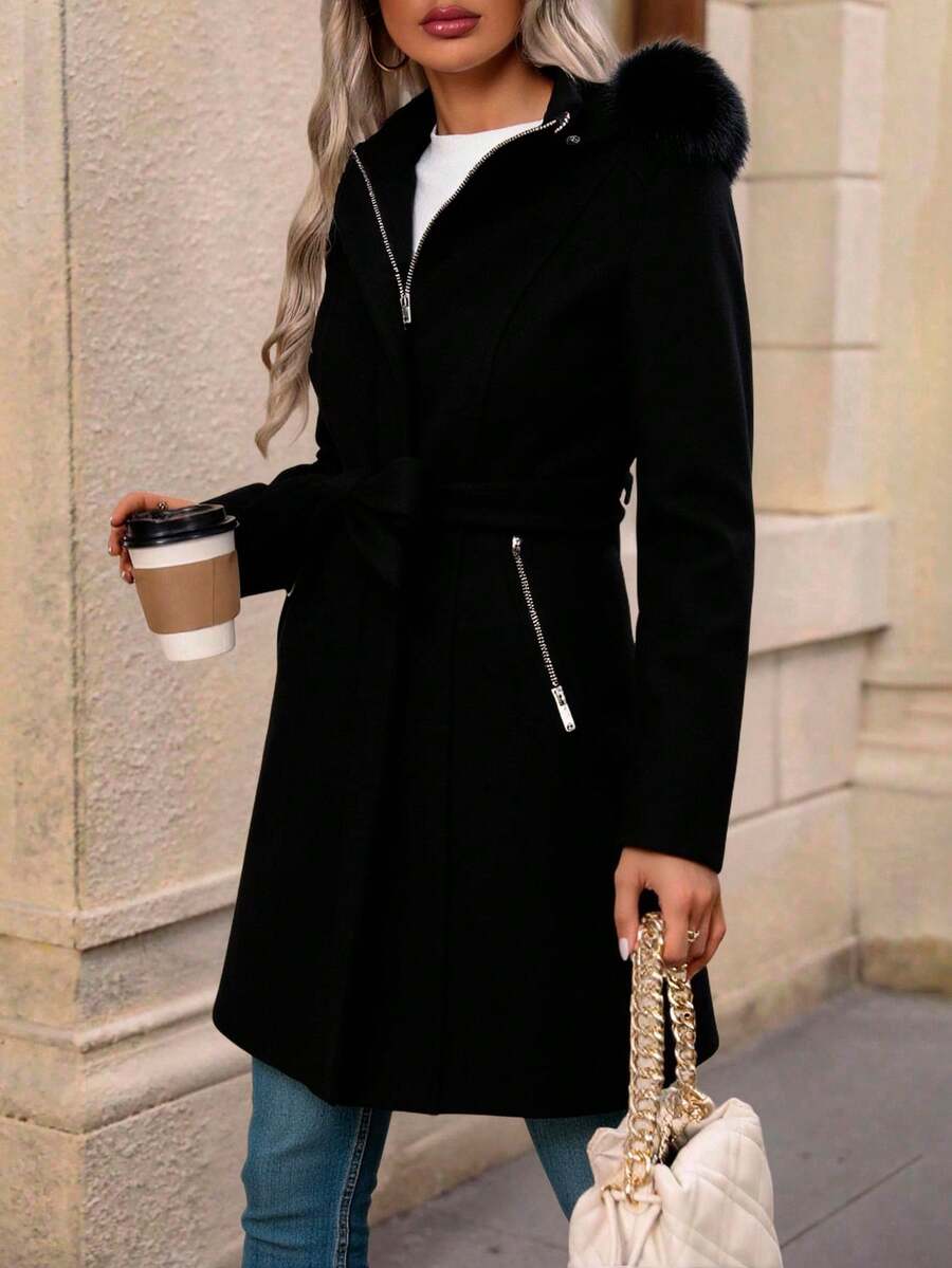 Abrigo largo con capucha para mujer, clásico y elegante, cuello con capucha y peluche desmontables. Manga larga. Tela de poliéster, interior forrado, cálido y agradable, apto para temporadas de otoño e invierno. Bolsillos frontales funcionales con cierre metálico. Ajuste con cierre metálico y cinturón de tela. - Negro - Ver 1