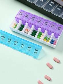 1 Stück 14-Fach Pillenbox, tragbare wöchentliche Pillenbox mit großer Kapazität, 14 Fächer Medikamentenaufbewahrungsbehälter, geeignet für den Schulstart - Verschiedenfarbig - Übersicht 10