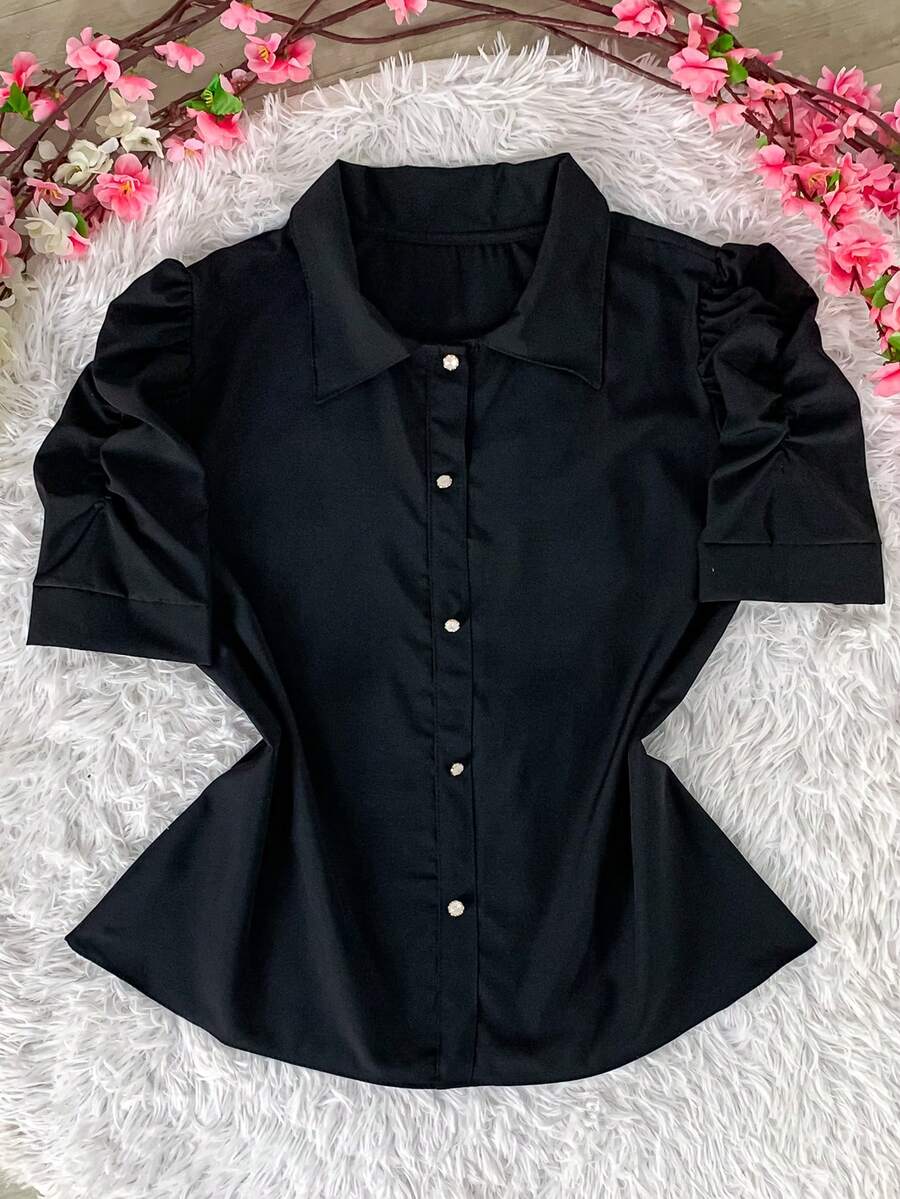 Women's Fashion Collared Blouse With Buttons On The Front, Code 1 - Black - View 1