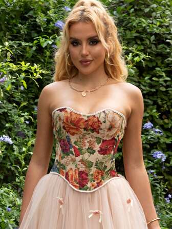 1pc Monet Garden Floral Corset Bustier Top, Vintage Jacquard Retro Shapewear Top, Bustier Crop Top For Formal Occasion, Suitable To Match