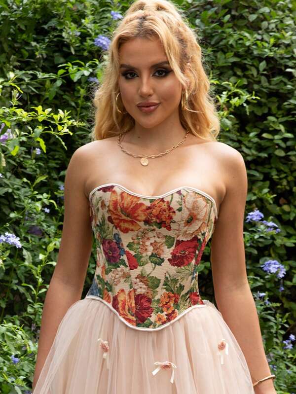 1pc Monet Garden Floral Corset Bustier Top, Vintage Jacquard Retro Shapewear Top, Bustier Crop Top For Formal Occasion, Suitable To Match