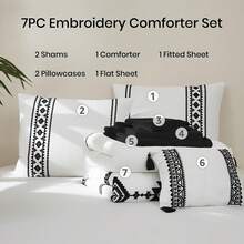Maireve Embroidery Comforter Sets - 7 Pieces, Farmhouse Western Boho Comforter Set, All Season Bed In A Bag With Sheets, Pillowcases & Shams - Đen và trắng - Xem 6