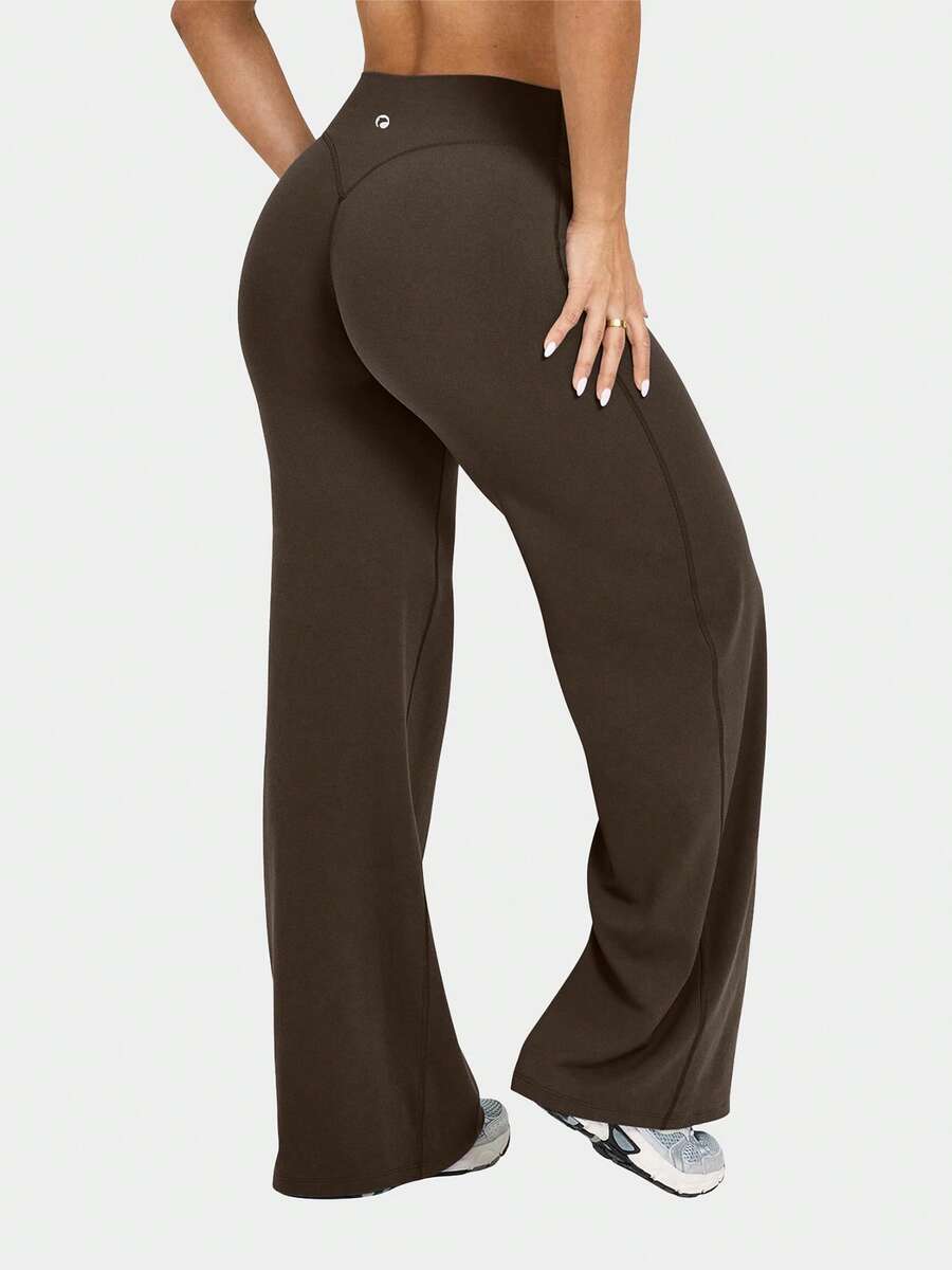 Pantalones de yoga para mujer OQQ de cintura alta, elásticos, casuales, suaves y de pierna recta - Versión extendida en marrón oscuro - Ver 1