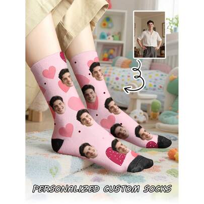 1 Pair Of Customized Face Children's Mid Tube Socks, Put Any Face On Socks, Boy And Girl, Personalized Socks For With Photos, Interesting Customized Picture Pairs With Medium To Long Socks, Suitable For Valentine's Day, Birthdays, Gift Giving, And Other Occasions, Personalized, Fun, Rich And Colorful, Creative Anime Cartoon Design, Holiday Gifts,