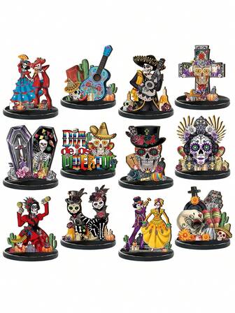 Träaltardekoration för de dödas dag - Handgjorda sockerskalle- och skelettfigurer, traditionell latinamerikansk juldekoration för nivåbrickor, hemfiranden