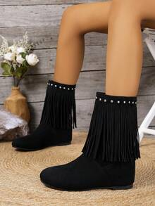 Women's Retro Thick Sole Elevator Mid-Calf Boots With Fringe & Rivet Decor, Autumn/Winter - Black - View 1