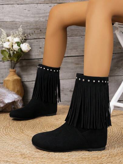 Women's Retro Thick Sole Elevator Mid-Calf Boots With Fringe & Rivet Decor, Autumn/Winter