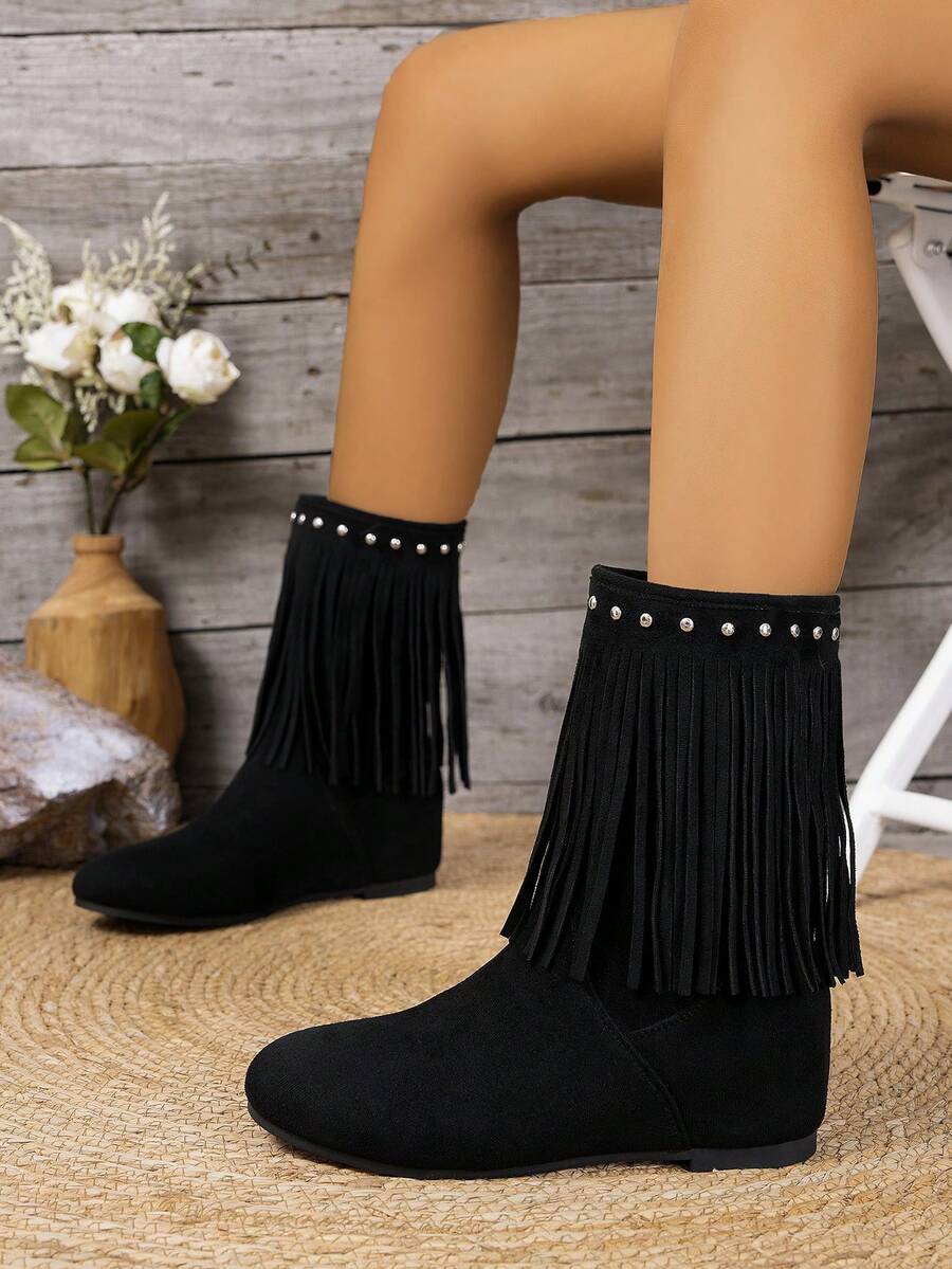 Women's Retro Thick Sole Elevator Mid-Calf Boots With Fringe & Rivet Decor, Autumn/Winter - Black - View 1