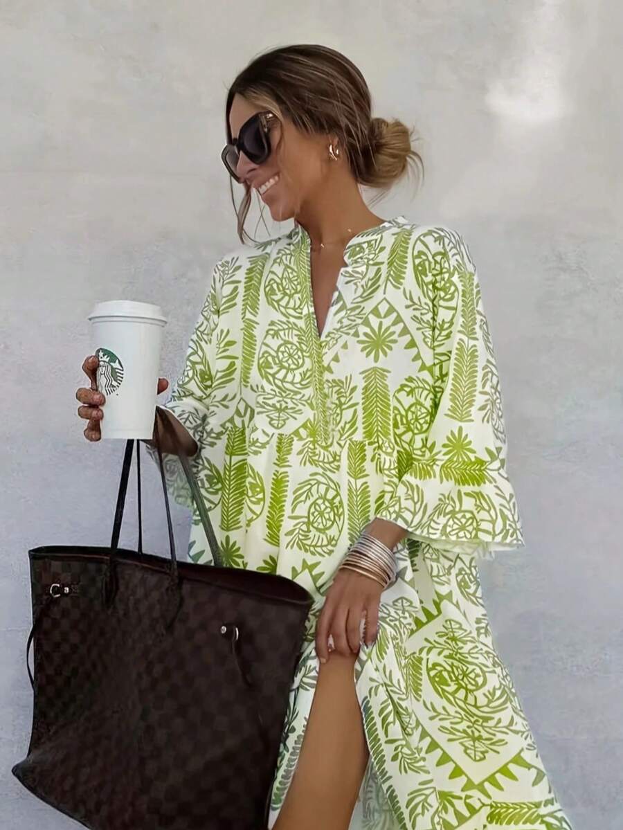 Spring & Summer Elegant Floral Print Cross V-Neck Ruffle Sleeve Casual Vacation Midi Dress - Olive Green - View 1