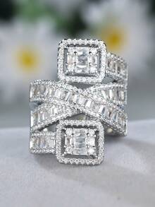 Tsnamer 1 件奢华多层设计女士订婚戒指，镶嵌闪亮合成锆石，结婚戒指。