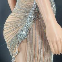 Glamorous Sparkling Diamond Birthday Party Dress Stage Performance Costume Elegant Plus Size Slim Fit Sexy Club Evening Outfit - 杏色網狀銀色 - 查看 6