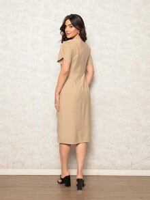 Vestido Midi Feminino Fenda Lateral Com Manga de Petala  Simples    Diário - Bege claro - Visão 2
