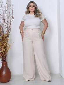Plus Size Elegant Formal Pants With Zipper And Pockets - 白色 - 查看 2