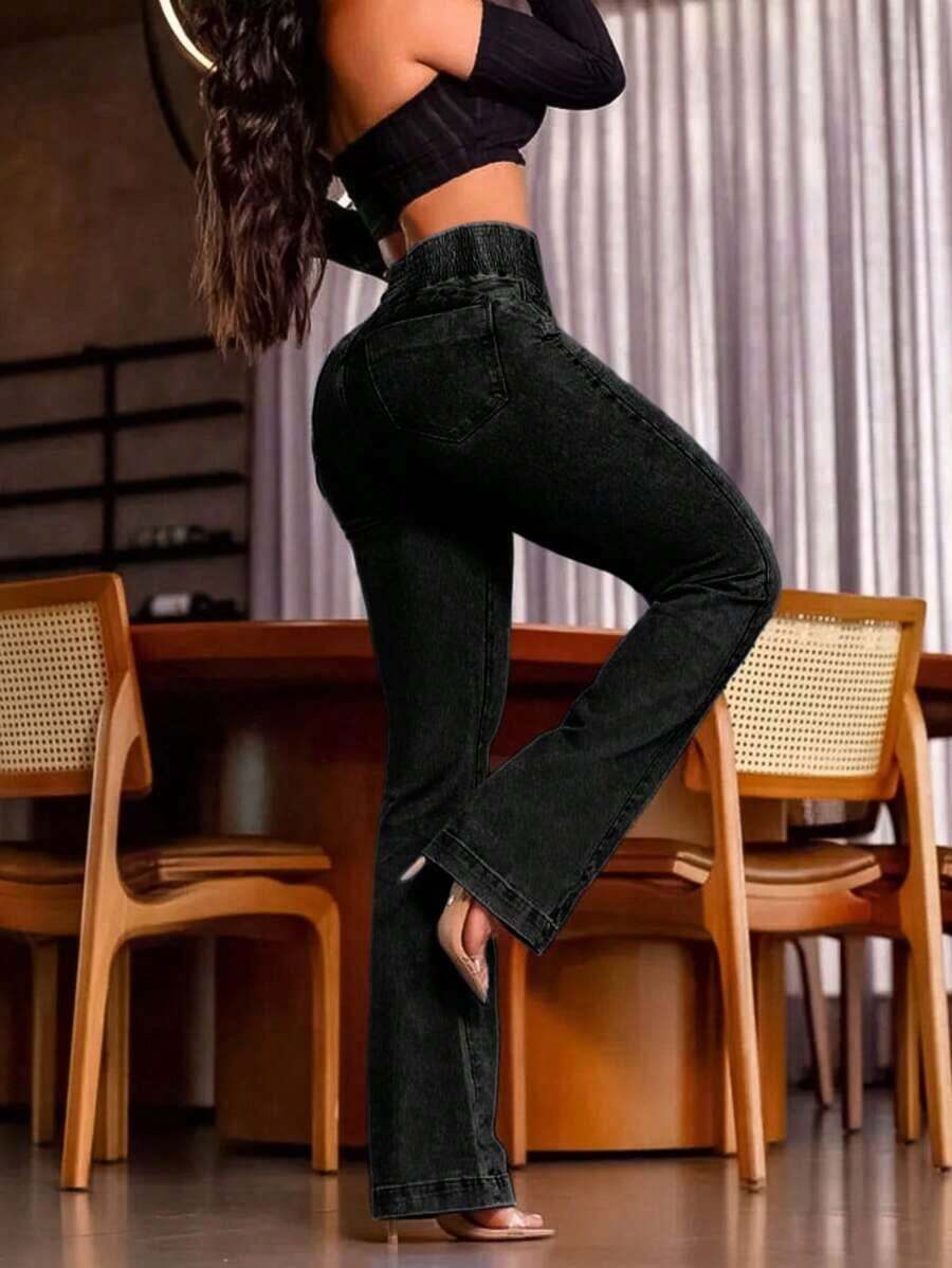 Fashionable Women's Y2K Style Denim Bell Bottoms, Solid Color Denim Tight Pants, High Waist And Low Elasticity, Solid Color Slim Fit, Casual And Versatile, Suitable For All Seasons, Daily Life, Streets, Motorcycles, Rebellious Girls, Going Out, Bars, Parties, Parties, Nightclubs - màu đen - Xem 1