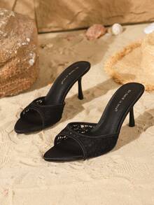 On feet& in love 秋冬女士时尚优雅花卉网纱绑带露趾套脚凉鞋，适合搭配连衣裙，高跟，优雅，穆勒鞋，派对鞋 - 黑色 - 查看 7